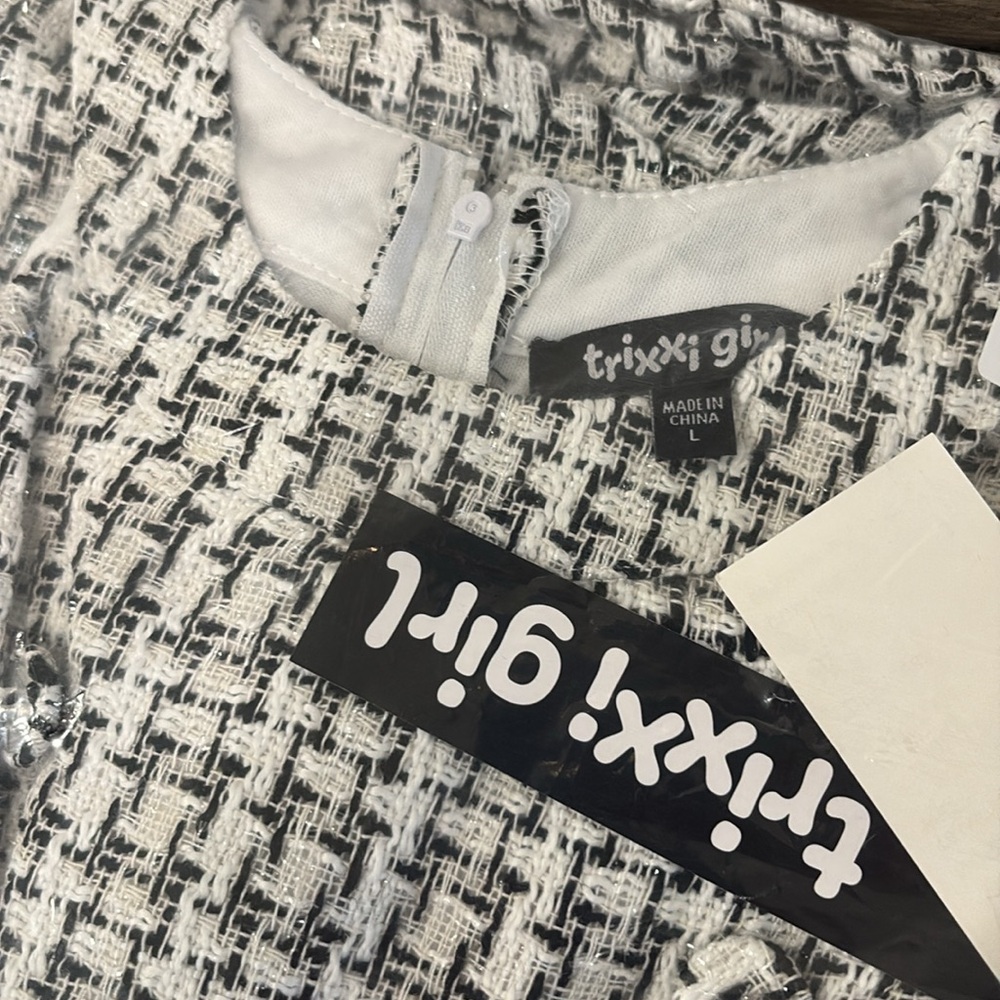 NWT [Trixxi] Girl Bouclé Tweed Fringe Dress Black/White Girls Sz Large (12/14) - Picture 4 of 8